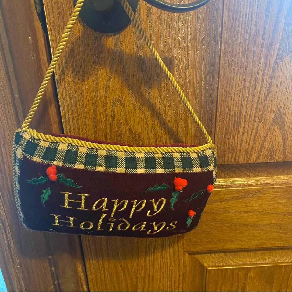 Holiday Happy Holidays velvet door knob hanger pillow gold color cord 11x6.5”